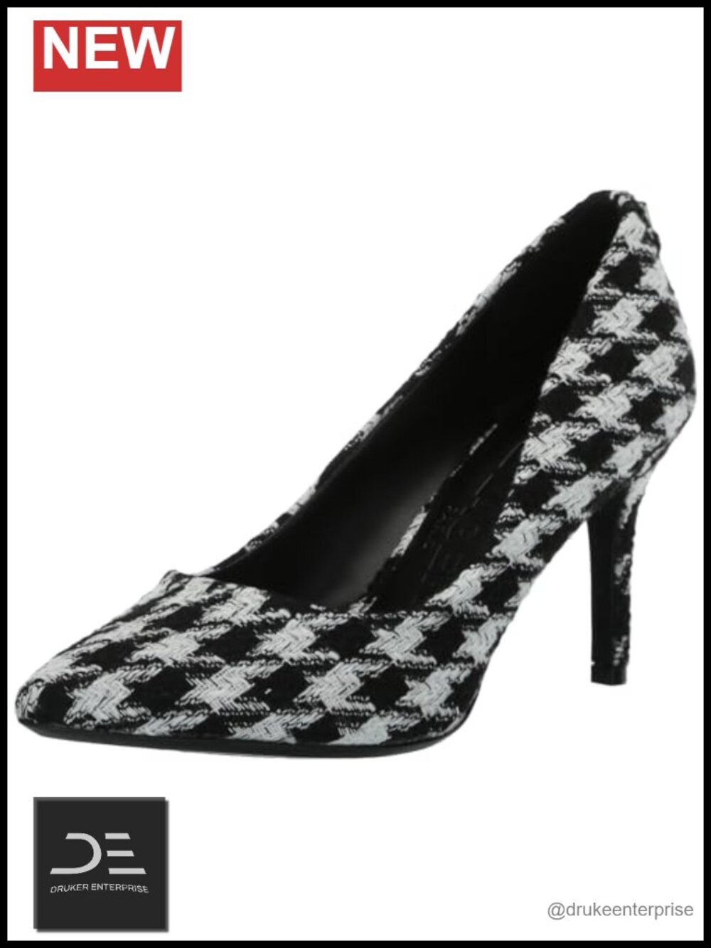 Faux Leather Block Heel Pump Round Toe Houndstooth Evening Party